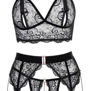 3-teiliges Straps-Set aus Spitze mit Samtdetails