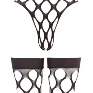 Body plus halterlose Strümpfe aus elastischem Grobnetz